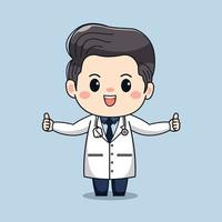 Ilustración de lindo doctor masculino con pulgares arriba diseño de personaje de dibujos animados de vector kawaii