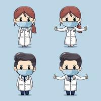 Establecer la ilustración de una hermosa doctora y un apuesto médico con los pulgares hacia arriba con máscaras. lindo diseño de personajes kawaii. vector