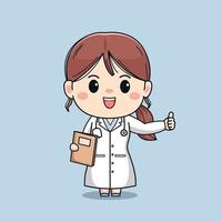 Illustration of beautiful female doctor with thumb up. Cute kawaii character design. vector