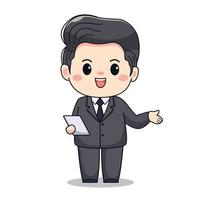 illustration of a businessman with formal suit Cute kawaii chibi character design vector