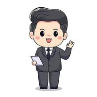 Ilustración de un hombre de negocios con signo de ok y traje formal lindo diseño de personajes chibi kawaii vector