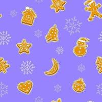 Gingerbread stickers seamless pattern with snowflakes. Festive Christmas background with cookies. Vector illustration