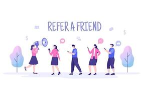 Refer a Friend Flat Design Illustration with Megaphone on Screen Mobile Phone and Social Media Marketing for Friends via Banner, Background or Poster vector