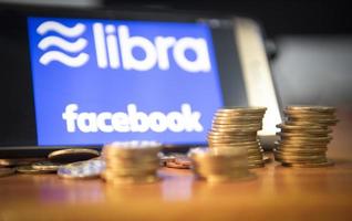 Libra coin blockchain concept New project libra a cryptocurrency launched by Facebook looks to mainstream digital currency through apps like photo