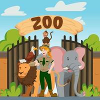 cuidador del zoológico de pie con animales antes del zoológico vector