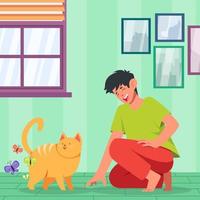 hombre jugando con su gato vector