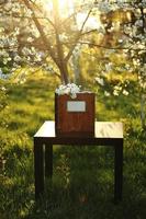 wooden photobook on the table. place for the inscription photo