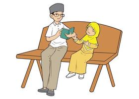A father teaching koran to his daughter vector