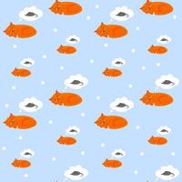 Cute sleeping ginger cat is thinking about a mouse. Flat vector seamless pattern on blue background.