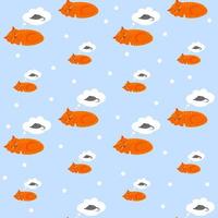 Cute sleeping ginger cat is thinking about a mouse. Flat vector seamless pattern on blue background.