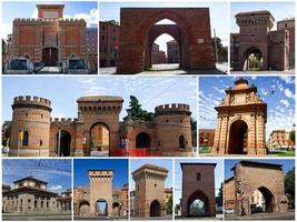 Collage of the old city gates of Bologna. Photo collage of the medieval portals of Bologna. Italy