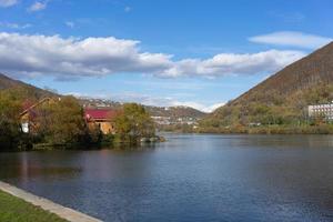 Urban landscape with lake and mountain views. Petropavlovsk-Kamchatsky photo