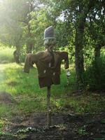 Scary scarecrow in garden discourages hungry birds photo