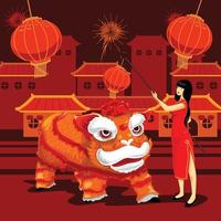 Lantern Girl and the Lion Dancer vector