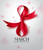 Fondo de vector de texto de feliz día de la mujer. 8 de marzo en decoración de elementos de cinta roja para el diseño de tarjetas de felicitación del día internacional de la mujer. ilustración vectorial.