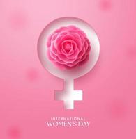 Women's day international vector design. March 8 women's day greeting text with female symbol and camellia flower elements decoration in pink background design. Vector illustration.