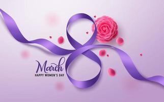March 8 vector background design. Women's day greeting text with march 8 in purple ribbon and camellia flower elements for international women's celebration. Vector illustration.
