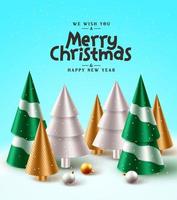 Merry christmas greeting text vector design. Christmas tree and gold cone elements with falling snowflakes in blue background for holiday season card decoration. Vector illustration.