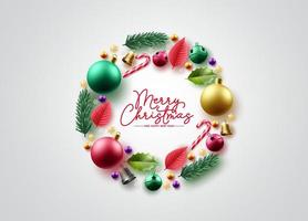 Merry christmas wreath vector background design. Christmas greeting text with xmas ornament elements for holiday season card decoration. Vector illustration.