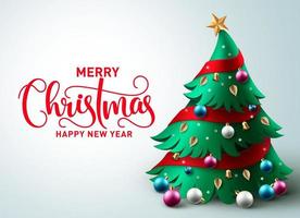 Christmas tree vector background design. Merry christmas greeting text in empty space with pine tree element and colorful ornaments for holiday season card decoration. Vector illustration.