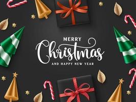 Christmas vector background design. Merry christmas greeting text with xmas ornaments and elements for holiday season card decoration in black elegant background. Vector illustration.