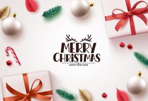 Merry christmas vector background design. Christmas greeting text with colorful xmas elements for holiday season card decoration in white elegant background. Vector illustration.
