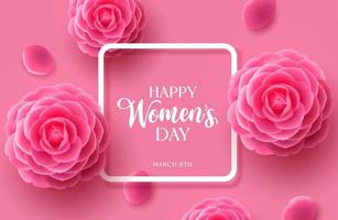 Happy women's day vector template design. March 8 women's day greeting in empty space for text with camellia flower elements for international woman's celebration. Vector illustration.