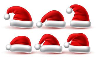 Navidad santa hat set diseño vectorial. colección de gorro rojo de santa claus aislado en fondo blanco para la celebración navideña. ilustración vectorial. vector