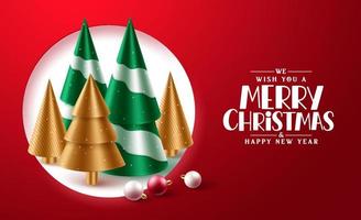 Merry christmas greeting text vector design. Christmas elements like xmas tree, gold cone and balls elements with falling snowflakes in red background.