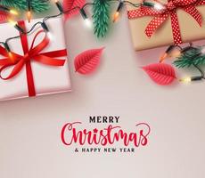 Merry christmas vector background design. Christmas greeting text with gift present xmas elements for holiday season card decoration. Vector illustration.