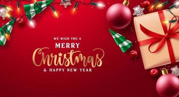 Merry christmas vector background design. Christmas greeting text with gift present, balls, and xmas lights element for holiday season card decoration. Vector illustration.