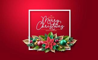 Merry christmas greeting text vector background. Christmas background design with xmas garland ornament elements for holiday season card decoration. Vector illustration.