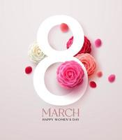 March 8 women's day vector design. Women's day march 8 text with camellia flower elements for female celebration card decoration. Vector illustration.