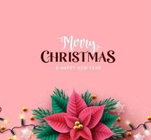 Merry christmas vector background design. Christmas greeting text with xmas lights and poinsettia elements in pink elegant empty space for holiday season card decoration. Vector illustration.