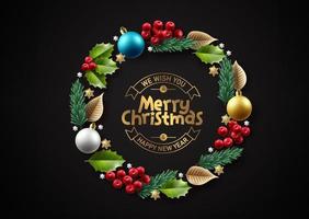 Merry christmas wreath vector background design. Christmas greeting text with xmas ornament elements for holiday season decoration. Vector illustration.