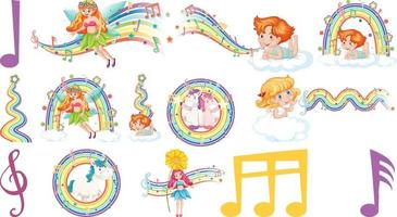 Set of fantasy fairies and cupids with rainbow elements vector