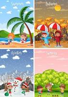 Set of children in four seasons backgrounds vector