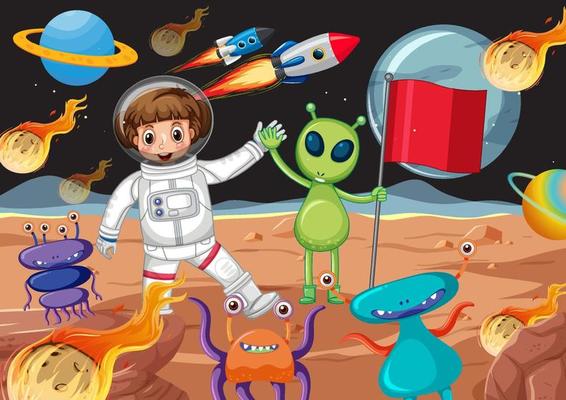 An astronaut and aliens on planet scene