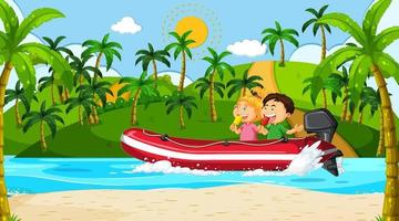 Ocean scenery with children on inflatable motor boat vector