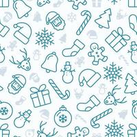 Seamless Christmas pattern of teal outline icons with smaller subtle grey icons vector