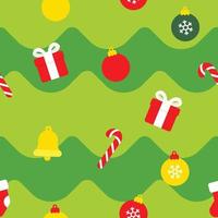 Seamless pattern of Christmas ornaments and objects on Christmas tree background. vector