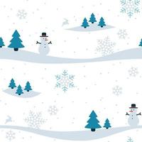 Repeatable snowy background with snow man, pine trees and snow flakes. Seamless pattern of winter. vector