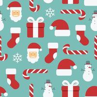 Christmas seamless pattern of Santa and other red objects on teal background. vector