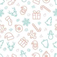 Repeatable seamless pattern of pastel green and red outline Christmas icons with small icons in between on white background. vector