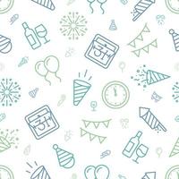 Blue, teal, and green outline icons of new year related things with smaller icons in between. vector