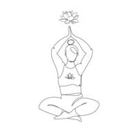Mujer de talla grande sentada en posición de loto y haciendo yoga, símbolo de loto aislado sobre fondo blanco, dibujado en estilo de contorno lineal minimalista. vector