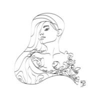 Beautiful young woman with long hair, feminine abstract portraits hand-drawn in an outline linear style on a white background. Female face with flowers, vector illustration. Great design for printing