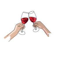 Hands cheering with glasses of red wine.Wine glasses in female hands, drawn in a sketch outline style, isolated on a white background.Vector illustration.Hand drawing vector