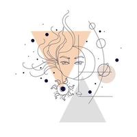 Surreal abstract female face with moon, sun and planets, and geometric shapes and lines on a white background.Drawn in trending contour style, art line.Vector illustration