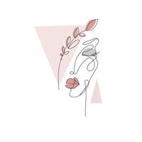 Surreal female face with botany elements and geometric objects on white background.Drawn in continuous line style, line art, minimalism.Beauty and personal care industry concept.Great vector design